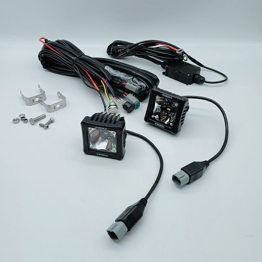 Комплект светодиодных фар Аврора (2 шт.) ALO-D3-2-P23-RGB, 30 ватт, 12 - 24 В, дальний свет 10 / противотуманная LED фара Aurora с подсветкой RGB на квадроцикл, крышу автомобиля, лодку и др. техник
