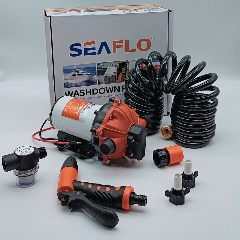 Палубный душ SeaFlo 4,8 Bar, 12V, 18.9 л/мин для мытья лодки, катера, яхты, автодома / комплект помывочный 12 вольт с водоподающей лодочной помпой (мембранный насос для подачи воды). Товар уцененный
