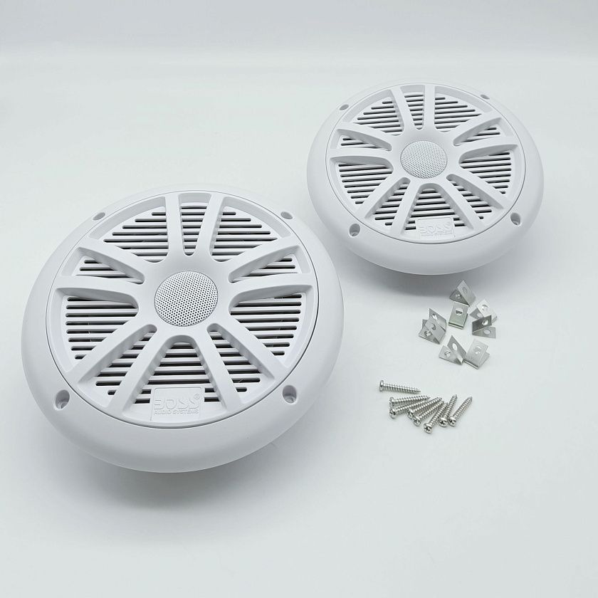 Морская акустика BOSS MR6W 180 Вт, 6.5'', комплект динамиков 2 шт., колонки для лодки катера яхты мототехники, улицы водонепроницаемые 2-полосные всепогодные цв. белый