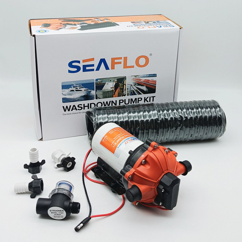 Палубный душ SeaFlo 19.7 л/мин, 4.8 Bar, 12V, для мытья лодки, катера, яхты, автодома / комплект помывочный 12 вольт с водоподающей лодочной помпой (мембранный насос для подачи воды)