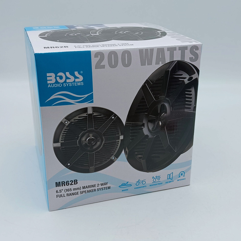 Морская акустика BOSS MR62B 200W, 6.5'', комплект динамиков 2 шт., колонки для лодки, катера, яхты водонепроницаемые 2-полосные, цв. черный