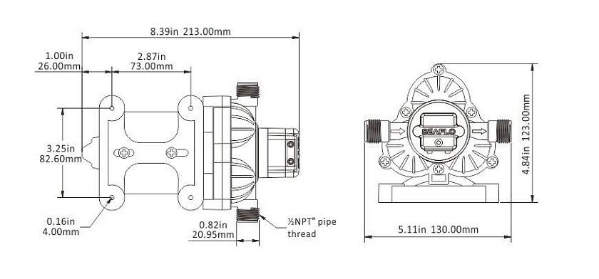Помпа для лодки водоподающая мембранная SeaFlo, 12 В, 11,3 л/мин, 3.1 бар, 8 А самовсасывающая для подачи воды, палубного душа