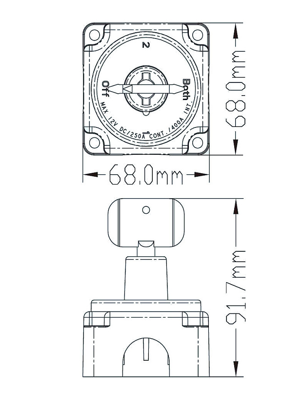 Выключатель массы аккумуляторной батареи 12 / 24 В, OFF-ON (1 АКБ) 250А (механический поворотный размыкатель ключ массы аккумулятора для катеров и лодок ПВХ)