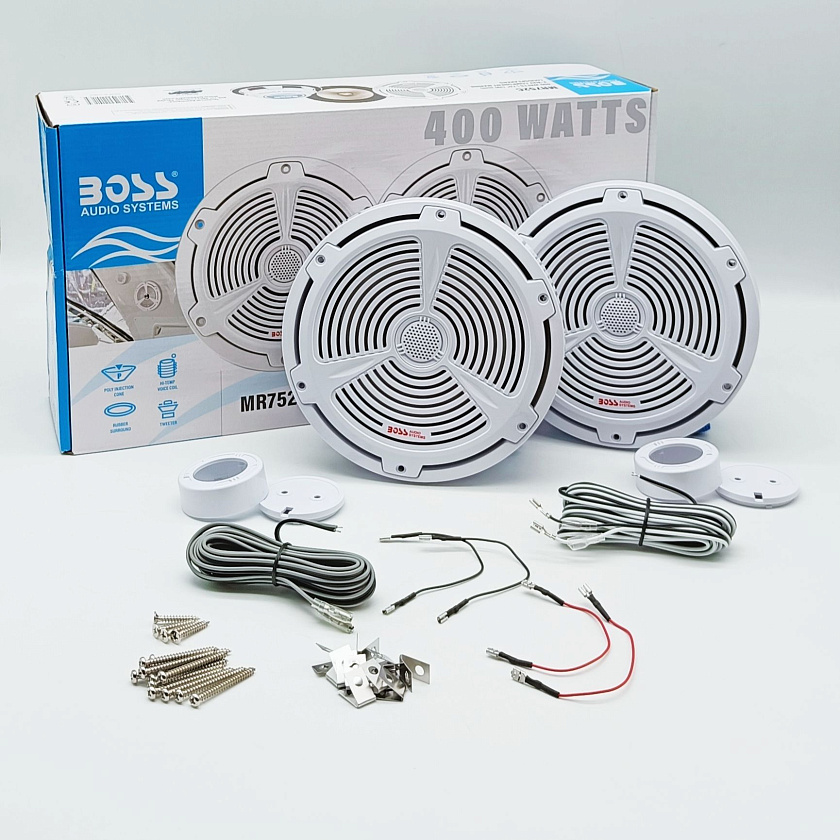 Морская акустика BOSS MR752C 400 Вт, 7.5'' комплект динамиков 2 шт, колонки для лодки, катера, яхты, мототехники, улицы водонепроницаемые 2-полосные всепогодные цв. белый