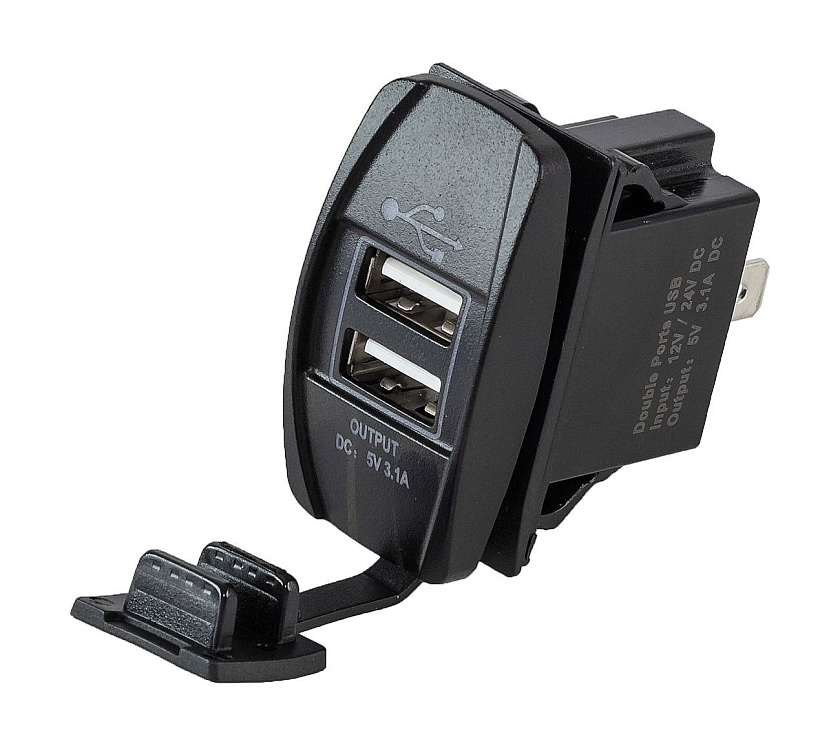 Разъем встраиваемый 12 В с 2-мя USB портами, врезной в консоль / панель приборов лодки, катера, яхты, вездехода, автомобиля, автодома и др., розетка USB